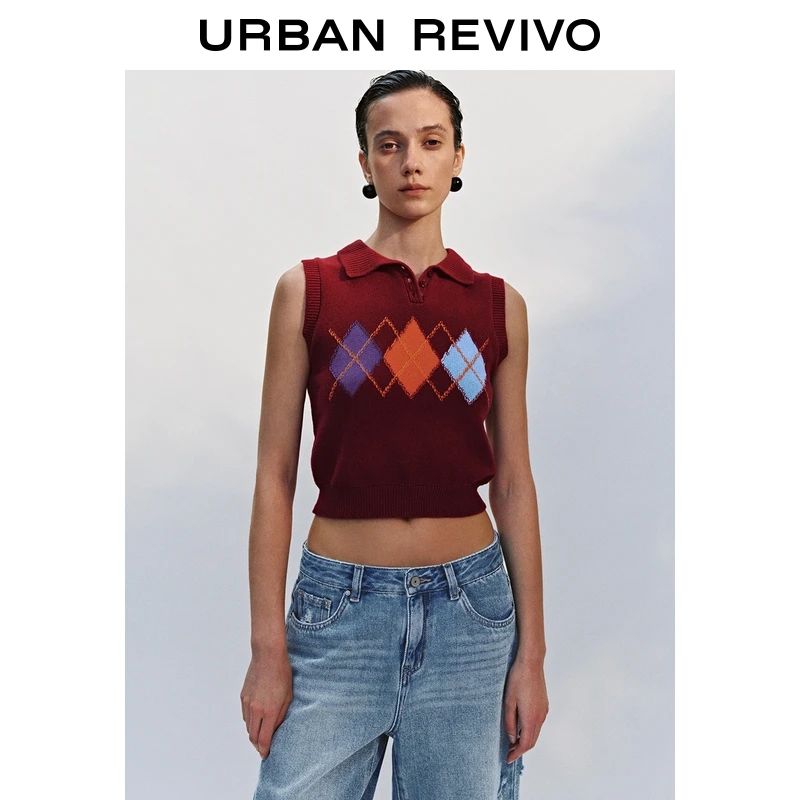 UR2025夏季新款女装复古学院风菱格针织背心UYL950090+