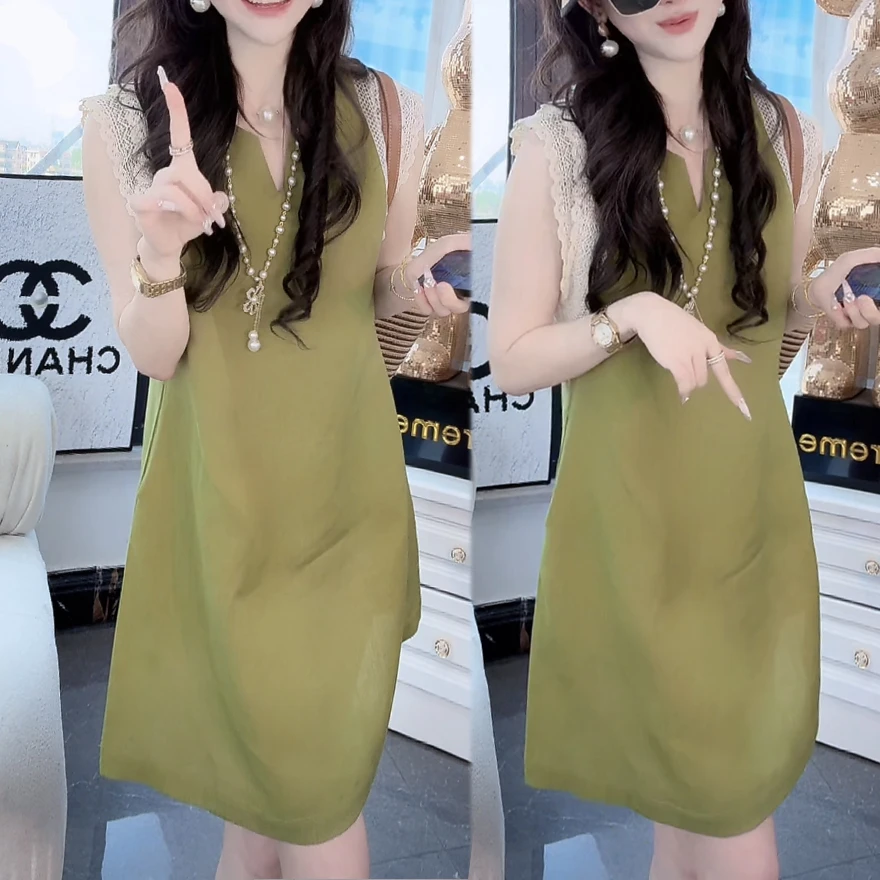 蕾丝拼接中长款连衣裙女生2025年夏季新款时尚百搭设计感无袖裙子