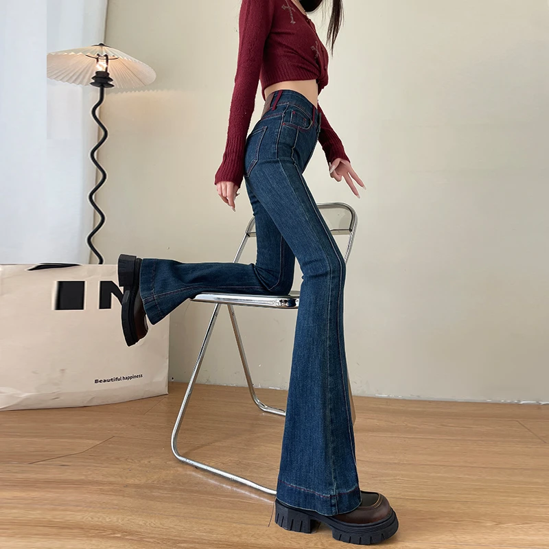 复古蓝小众秋冬季新款高腰加绒加厚微喇牛仔裤女修身显瘦弹力裤子