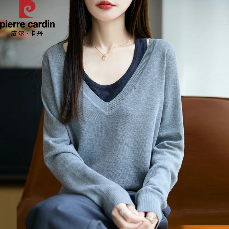皮尔卡丹新款撞色假两件V领针织衫洋气时尚百搭套头内搭长袖上衣