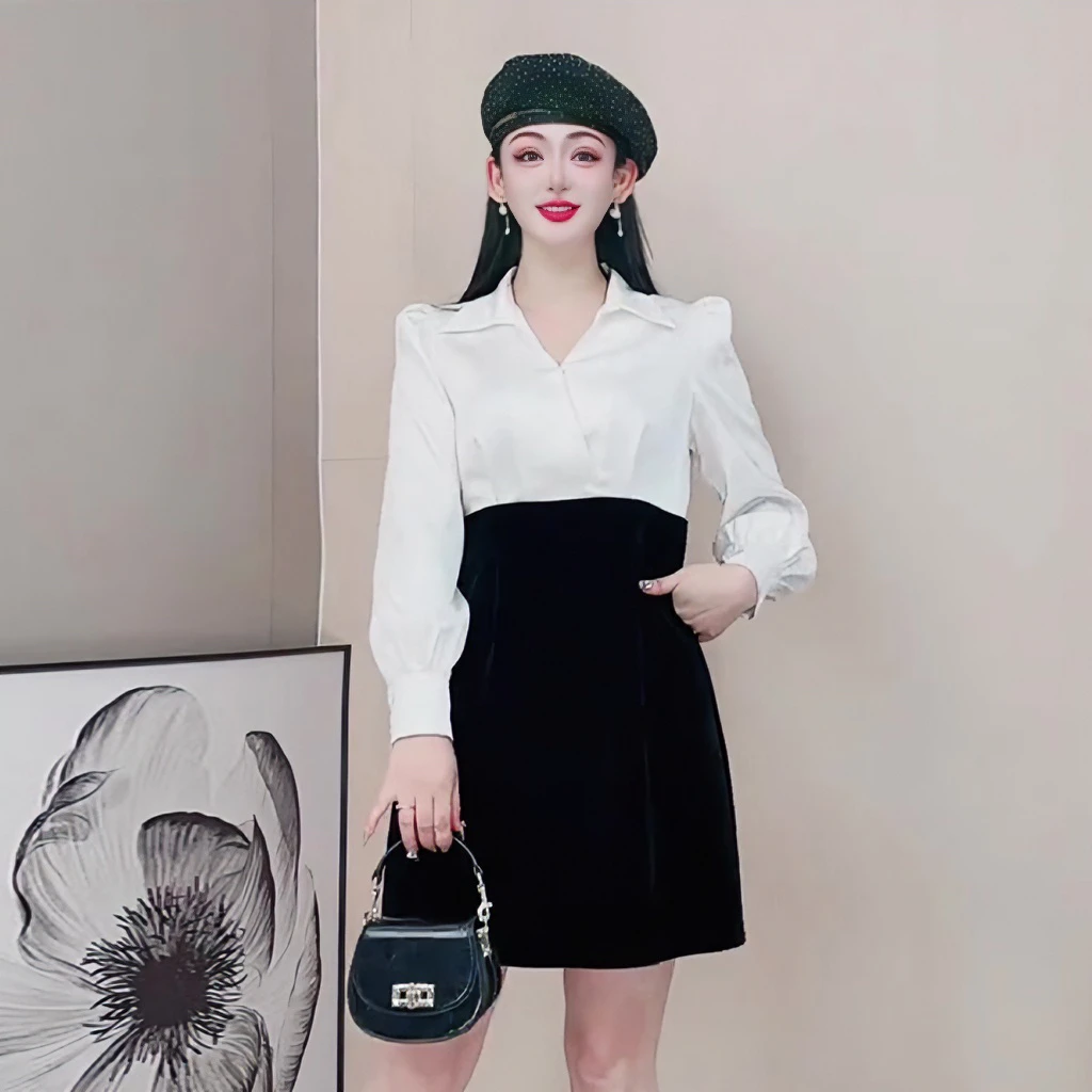 3497秋冬倾国倾城连衣裙女气质长袖打底裙法式复古打底裙修身显瘦