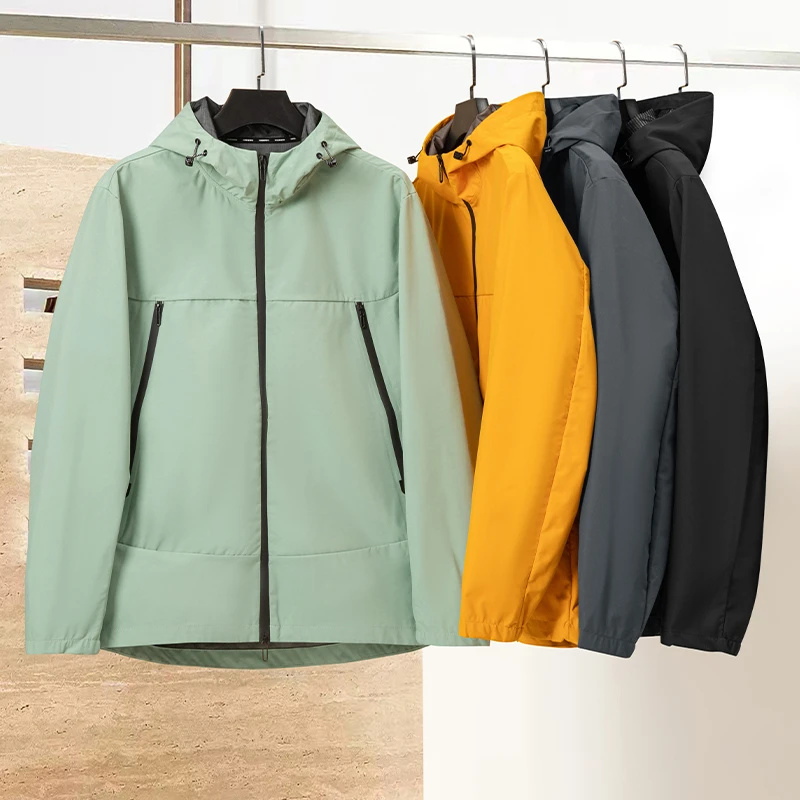 单层春秋季情侣连帽透气男装春秋弹力防水冲锋衣外套男士加绒防风