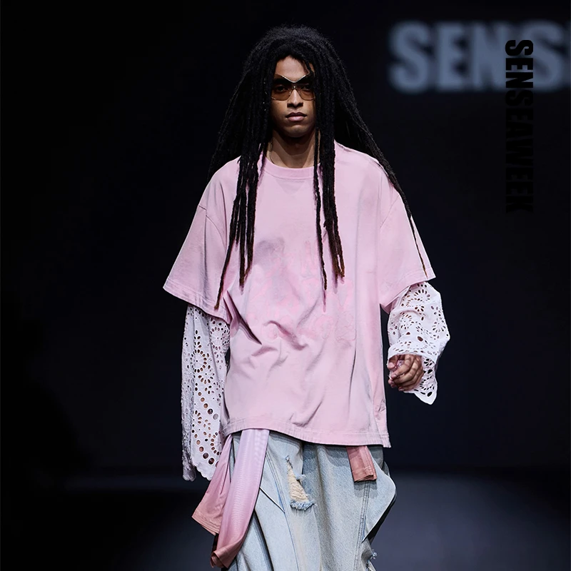 SENSEAWEEK【翟潇闻/王一博同款】25春夏刺绣花边拼接喷染印花T恤