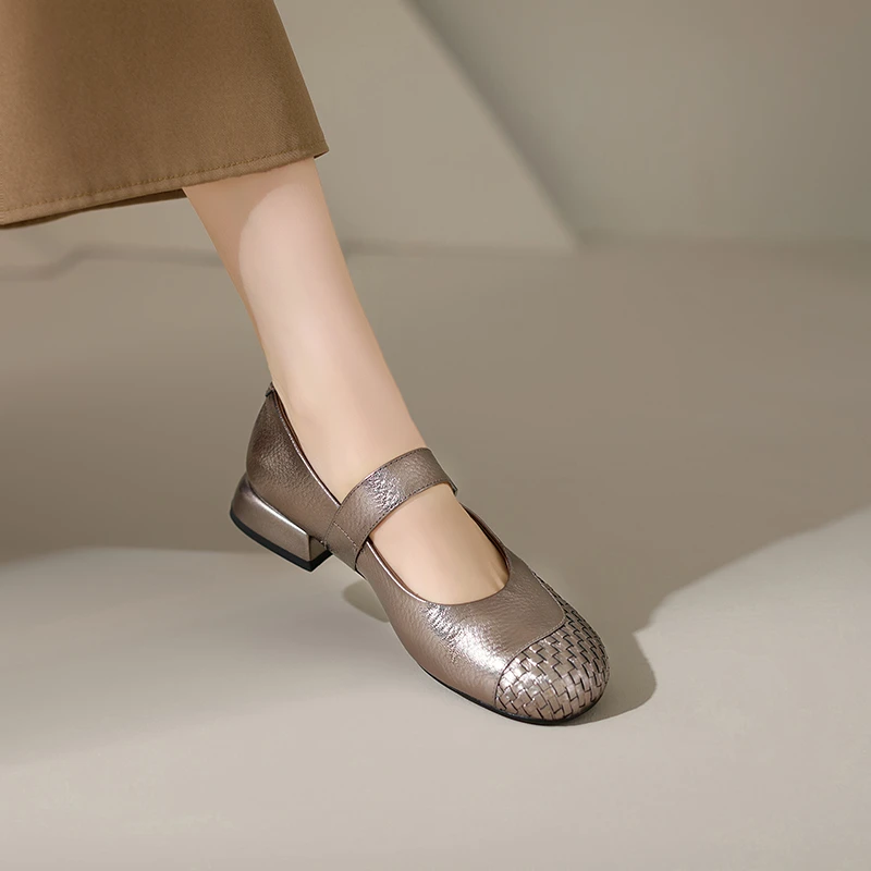 AACC手工女鞋软底软面编织枪色浅口低跟3cm一字带单鞋复古玛丽珍