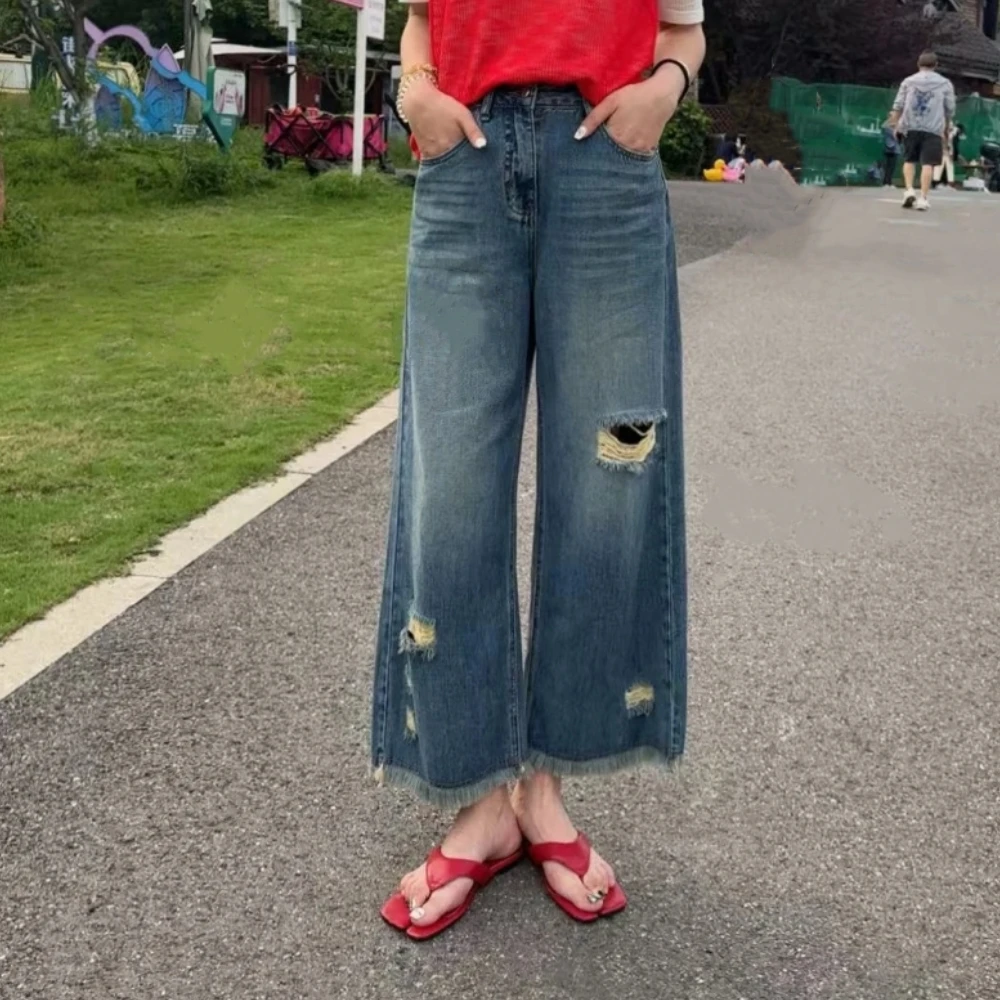 美式复古设计感破洞垂感牛仔裤女夏季显瘦百搭休闲毛边九分阔腿裤