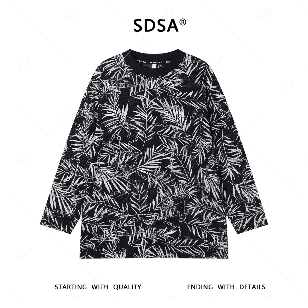 SDSA秋季新款男士痞帅简约撞色树叶链条设计圆领长袖T恤时尚舒适