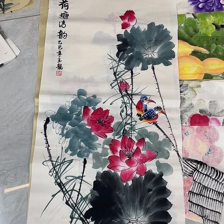 国画国画作品书法作品原稿三尺荷花白底