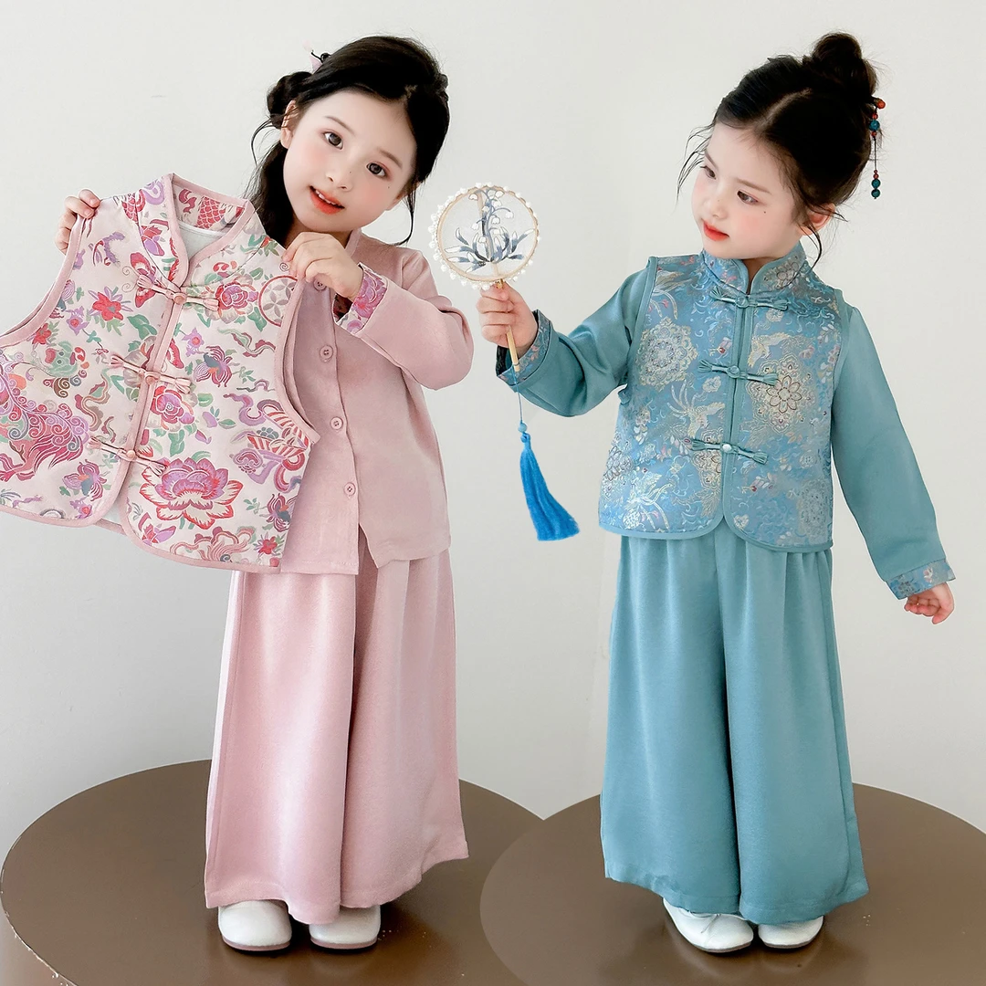 90-180女童国潮风2025新款中小大童秋季中国风汉服复古宝宝三件套