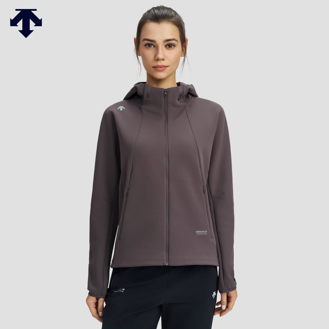 DESCENTE迪桑特跑步女士吸湿快干连帽针织运动上衣新品D5132RFT01