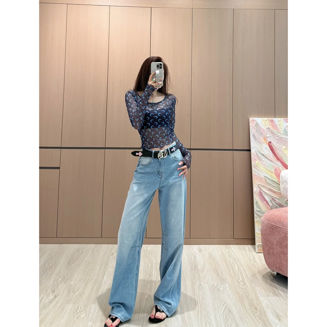 早春新款十字架腰带时尚百搭显瘦直筒弯刀百搭牛仔裤9586