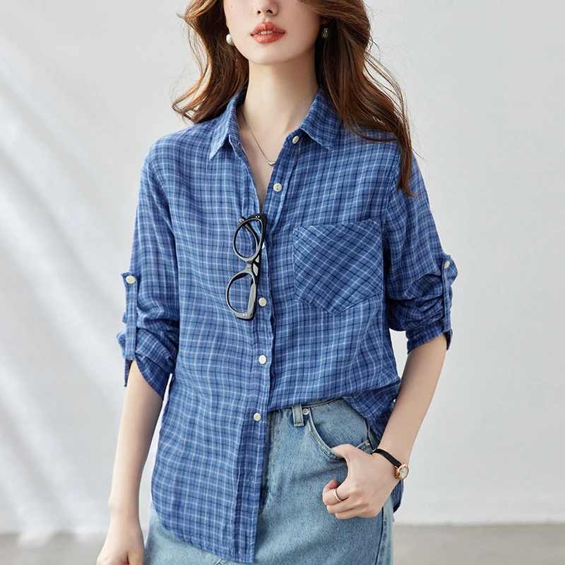 海盐蓝格纹衬衫外套女春秋韩系小众设计感宽松开衫外搭ins慵懒风