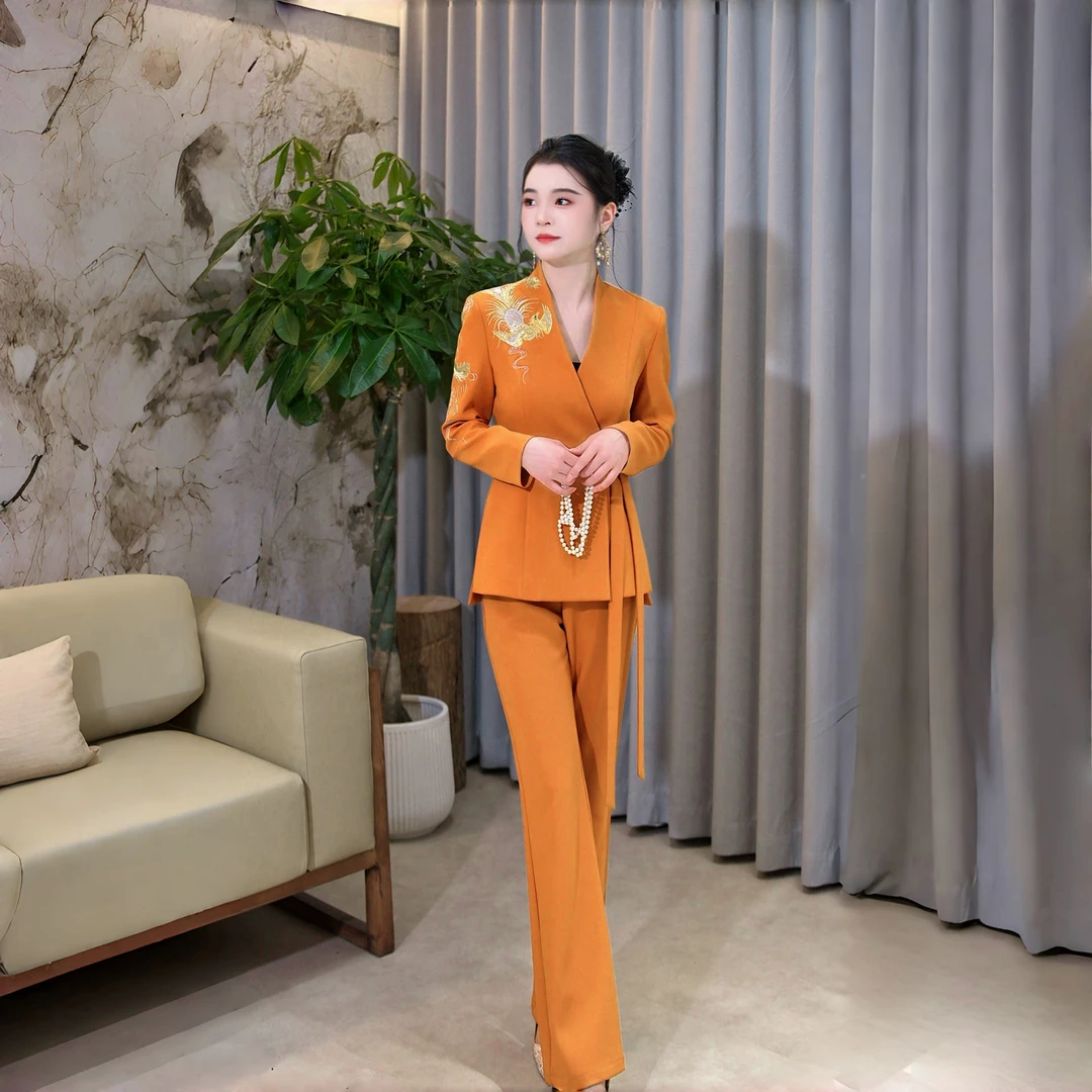 美心专属-国风新款时尚职业气质精致重工凤凰刺绣修身西服套装878