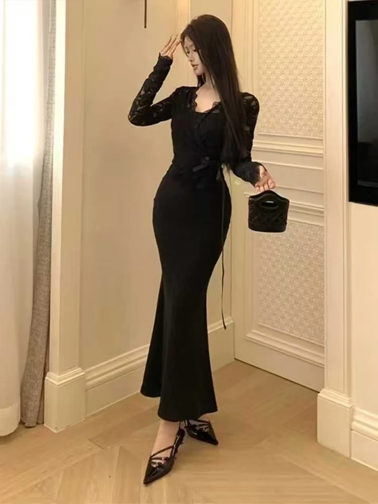 纯欲风低领紫色鱼尾吊带长裙搭配长袖蕾丝开衫套装