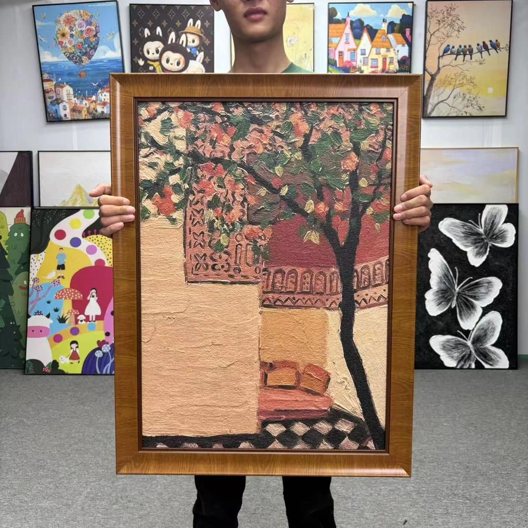 复古风柿子树肌理感客厅餐厅挂画入户玄关背景墙装饰画6080