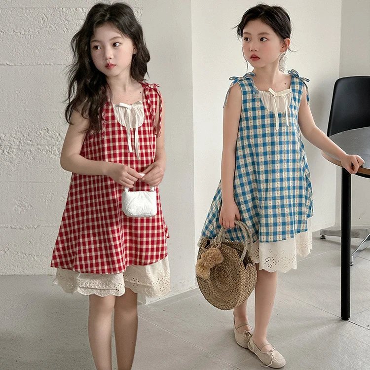 女童花边格子裙蓝色红色公主童装连衣裙2025新款现货公主裙