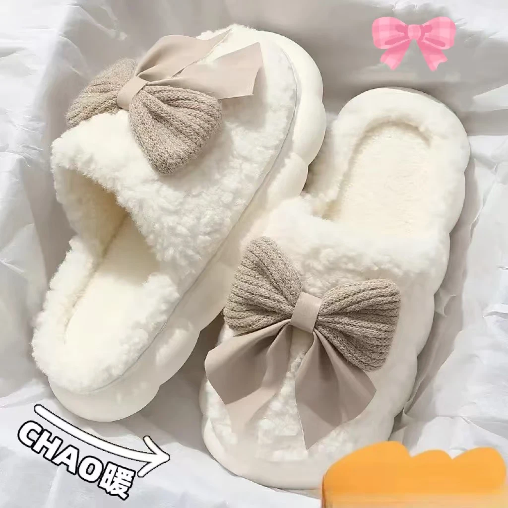棉拖鞋女士蝴蝶结冬季防滑厚底保暖柔软毛毛拖鞋居家室内外穿防寒