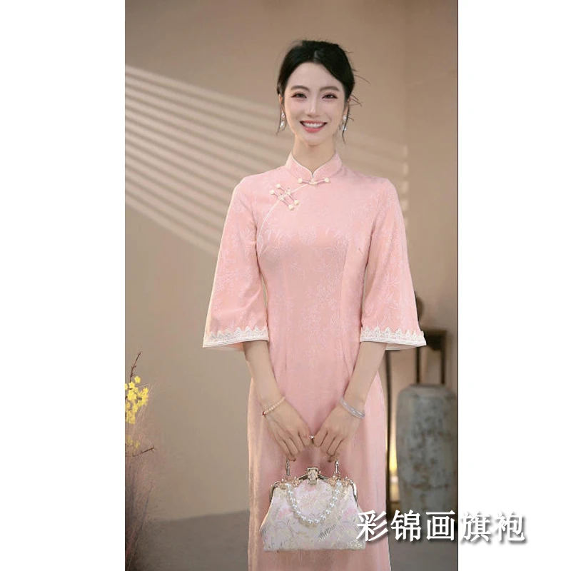 黑色旗袍女新中式秋季长袖中国风改良女装连衣裙粉色红色显瘦日常