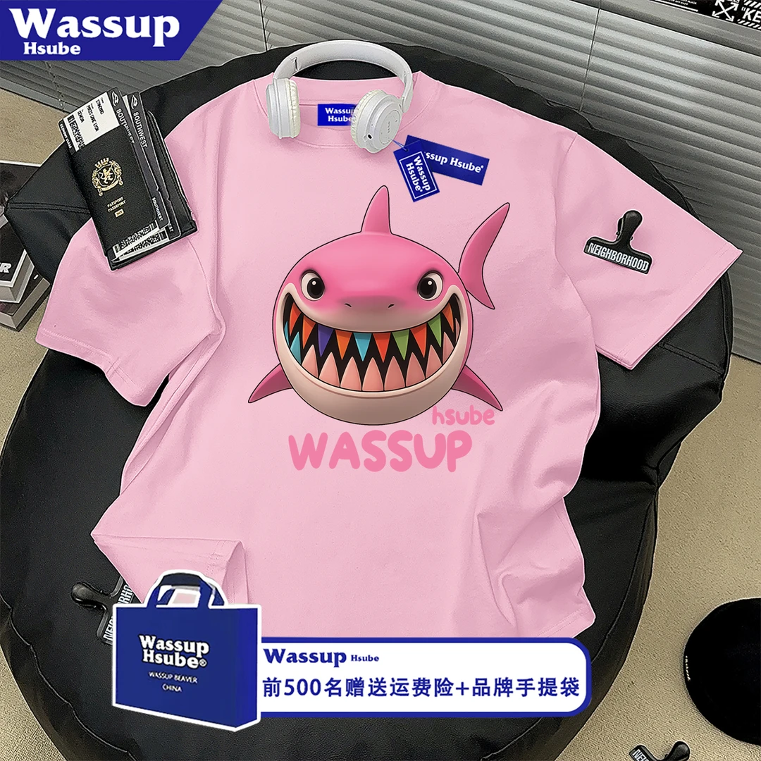 WASSUP HSUBE美式纯棉短袖T恤男夏季新款鲨鱼印花粉红色情侣半袖