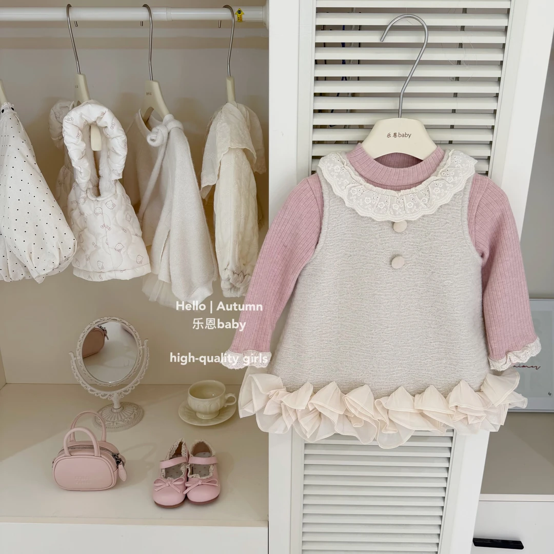【乐恩童装】原创设计秋冬女童粉花边加绒打底衫杏夹棉背心裙套装