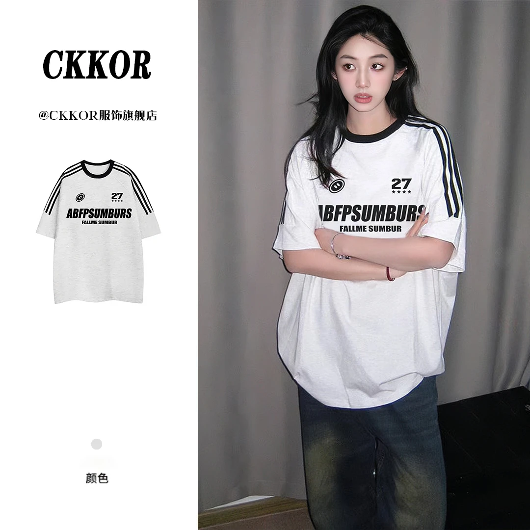 CKKOR美式印花白色宽松运动风短袖夏新款情侣装潮流中长款半袖t恤