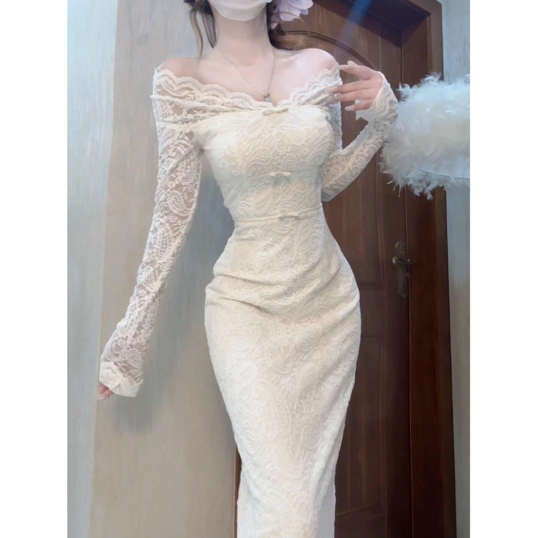 从一【媚娘】优美一字肩V领长袖连衣裙女秋季蕾丝蝴蝶结气质开叉裙