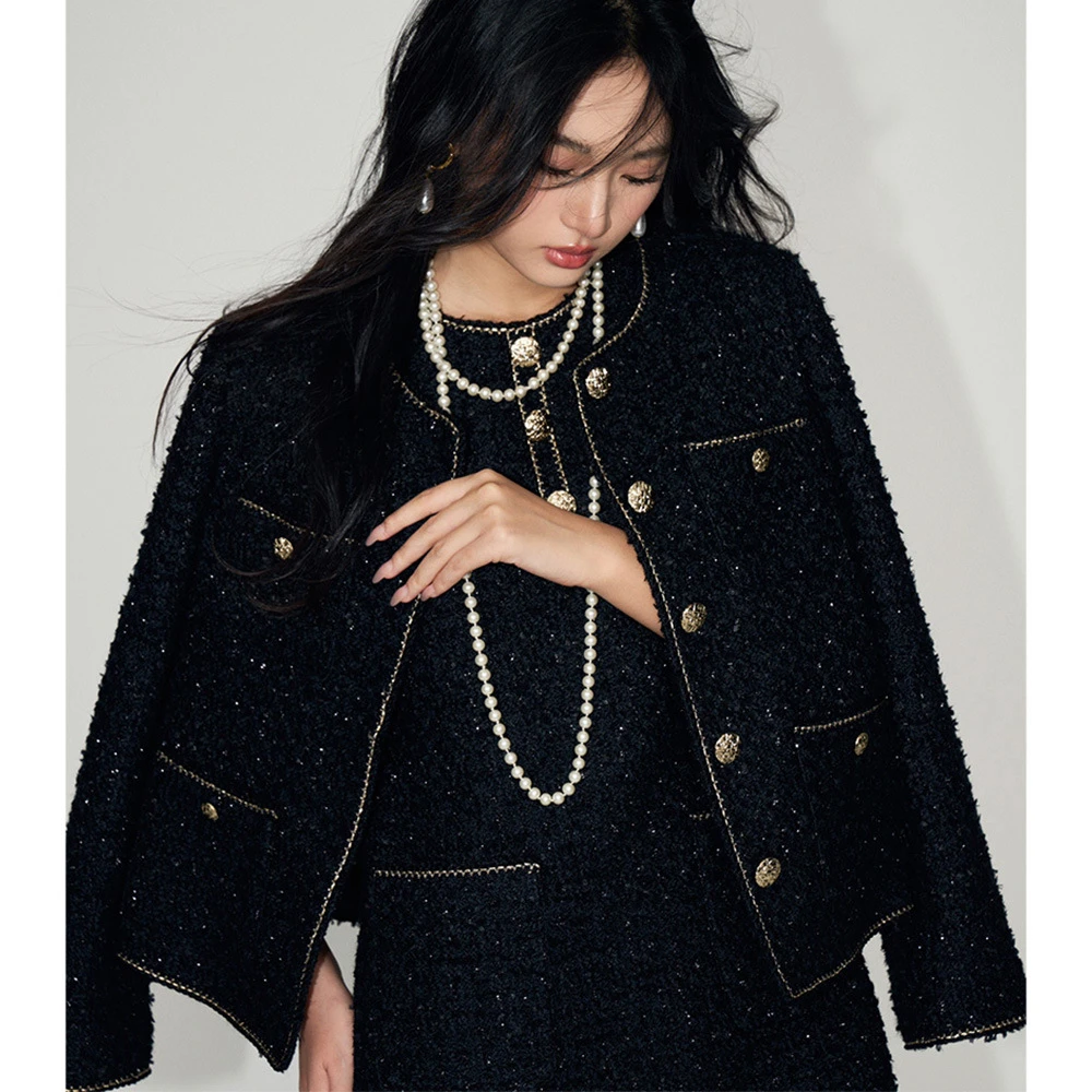 盛都25秋新款名媛风闪亮丝线编织奢华感粗花呢短款圆领单排扣复合