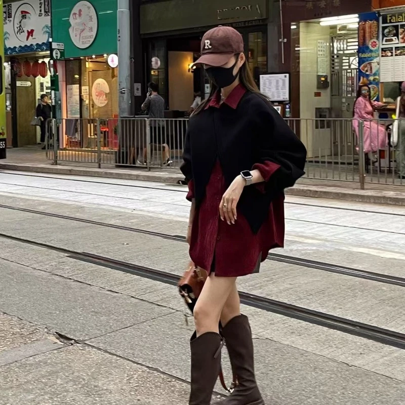 小个子polo领红衬衣+红色外搭高级感叠穿两件套女春秋季套装显瘦