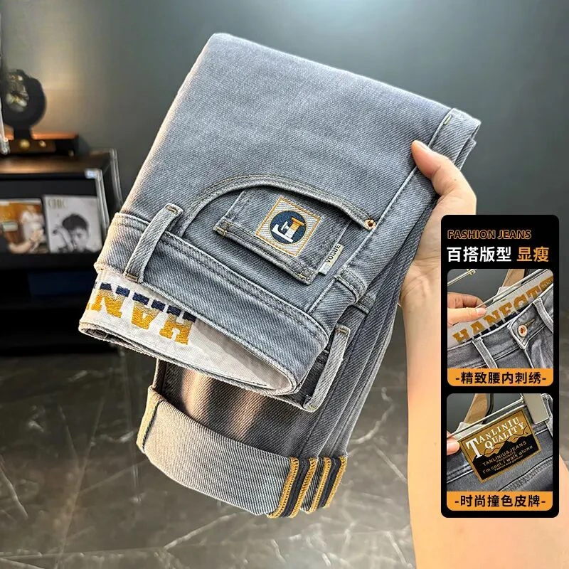 潮牌高端百搭刺绣修身显瘦弹力宽松男款牛仔夏季裤子