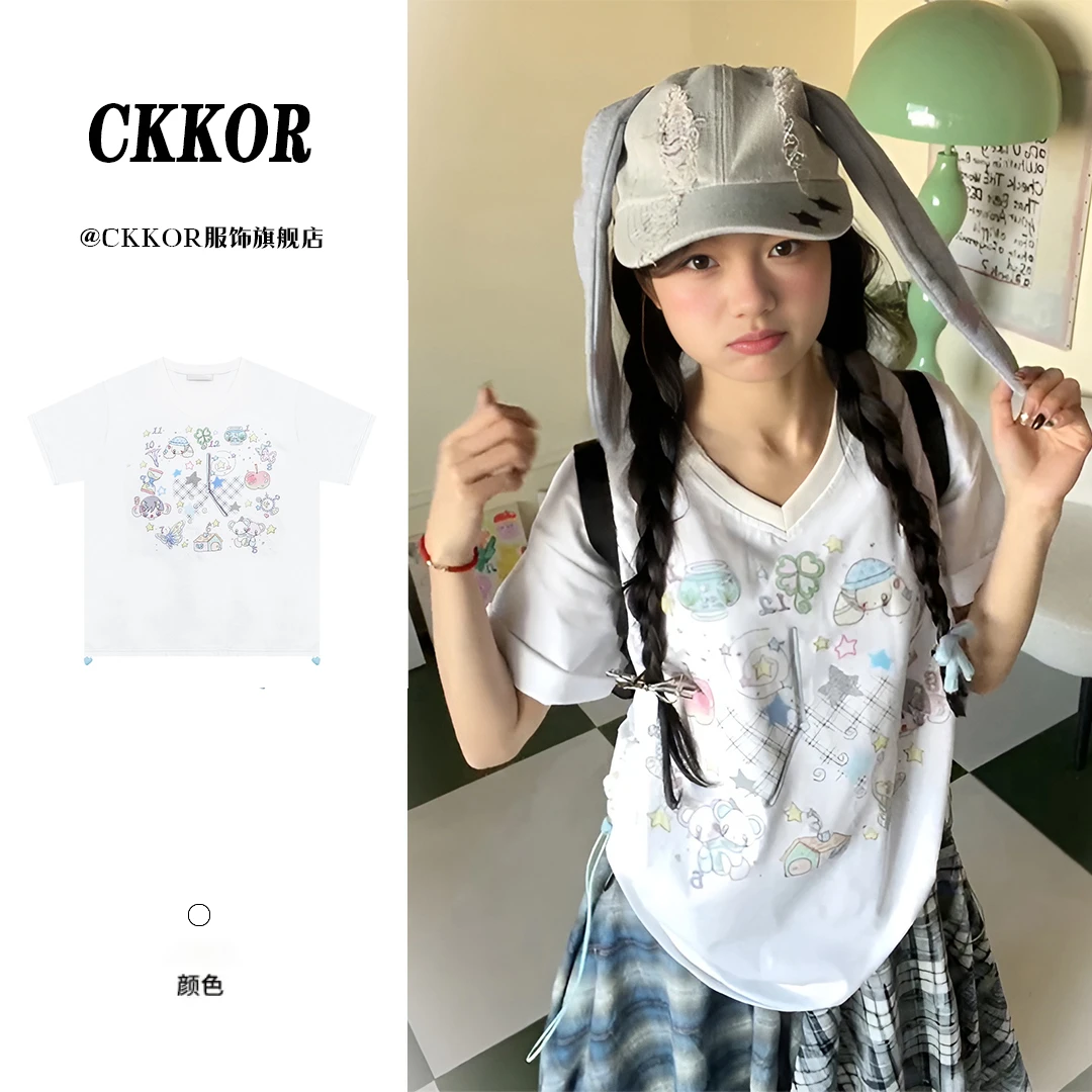 CKKOR夏季新款甜美V领短袖女t恤穿搭休闲百搭韩版小众设计感上衣