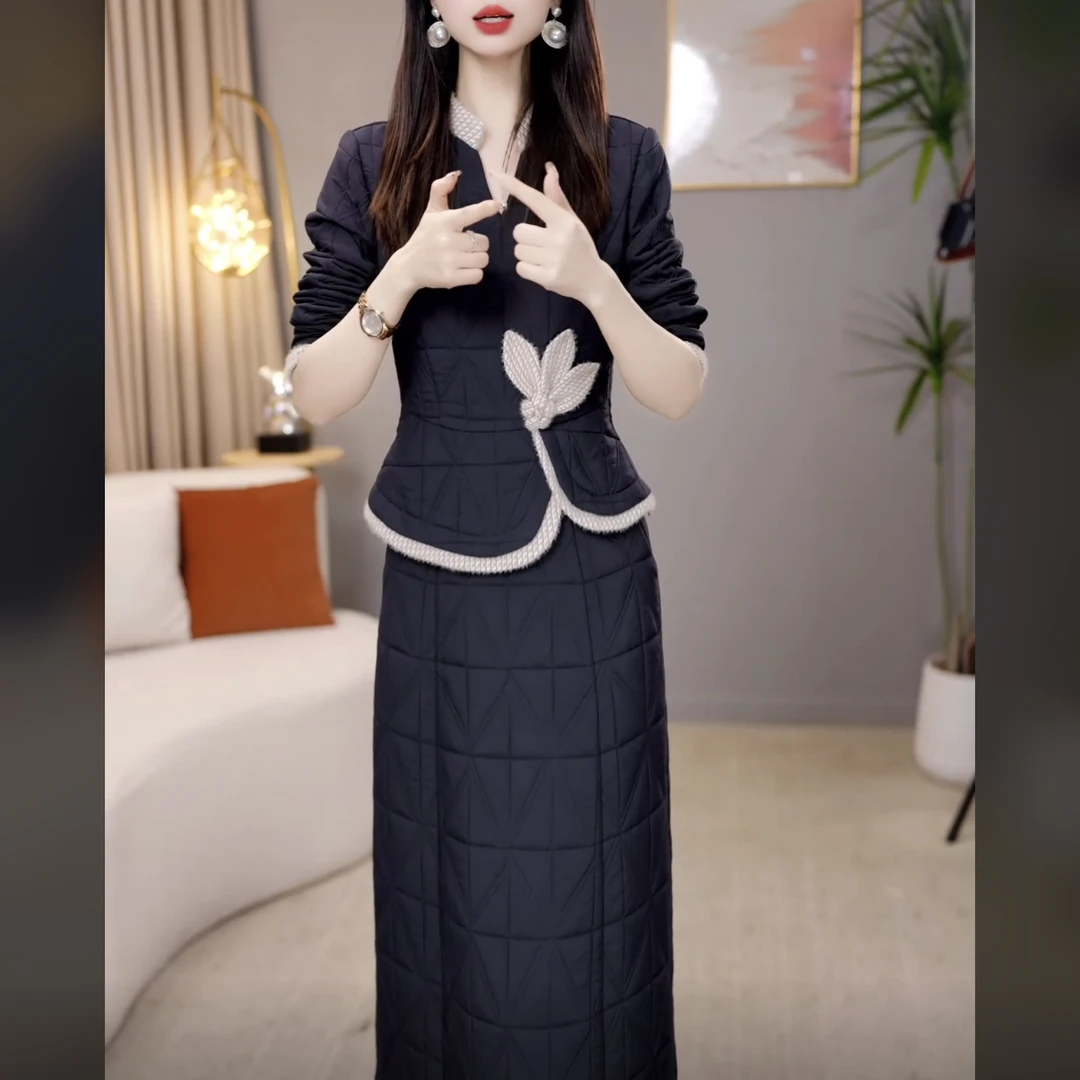 【上衣+半身裙】C1205时尚高端中长款保暖棉服棉衣修身显瘦两件套裙