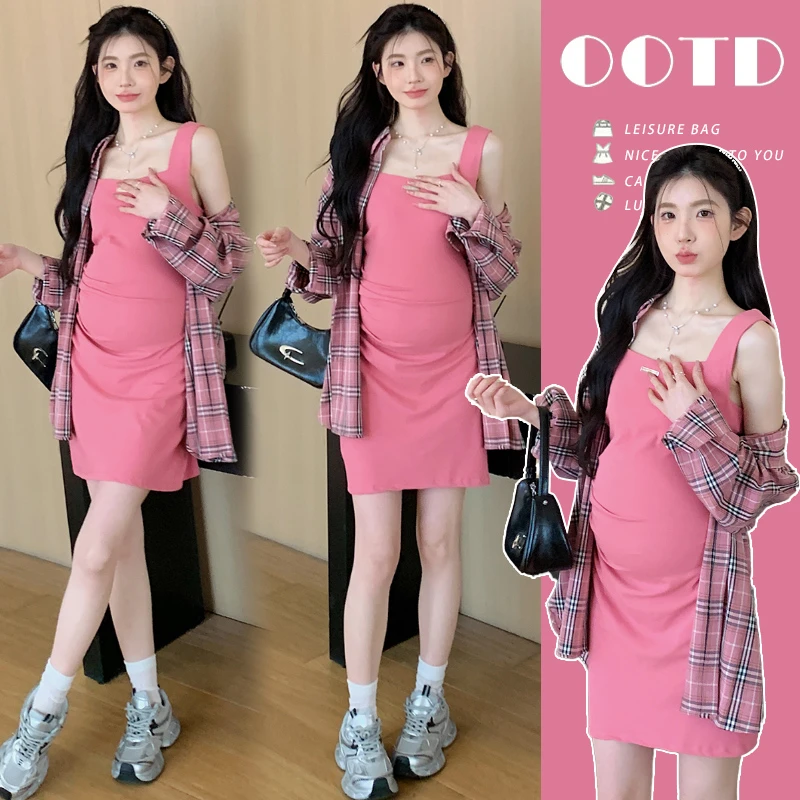 时髦孕妇装辣妈夏季方领紧身显瘦裙子气质款休闲大方格子长袖衬衫