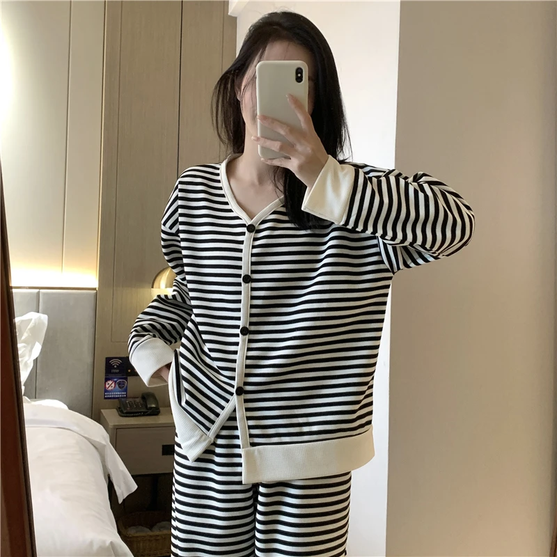 睡衣女春秋款条纹V领开衫条纹简约风居家服套装可外穿3049