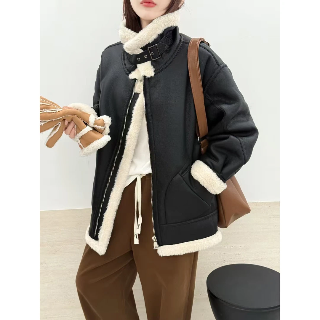 T 人造皮毛一体！加厚保暖！宽松BF风女机车皮衣棉服外套H7506 D360