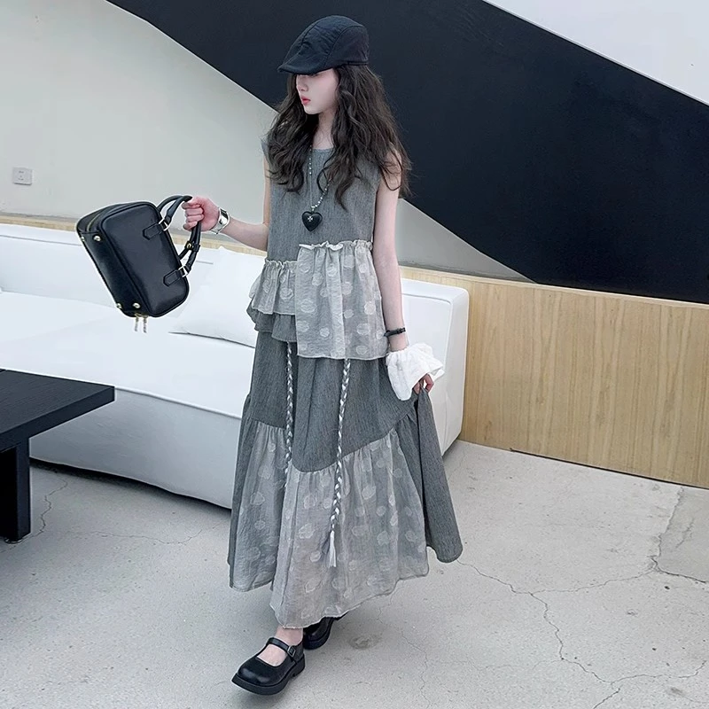 女童裙子夏款2025年儿童夏装设计感套裙拼接无袖上衣半身裙两件套