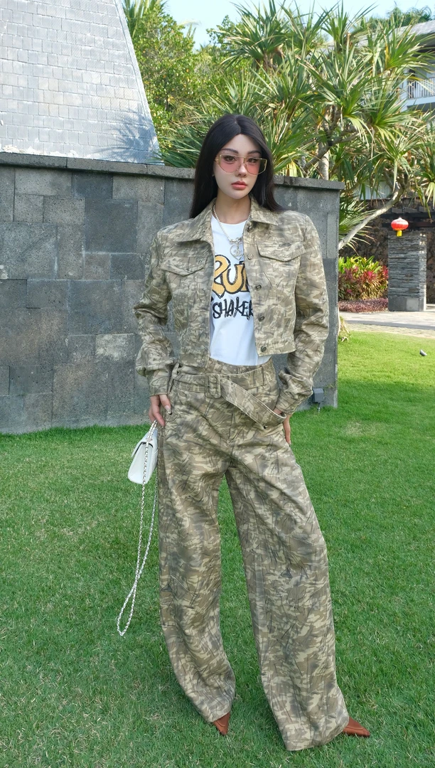 2025初春MyloveLeo‘迷彩野玫瑰’美式印花欧美套装（裤长105)