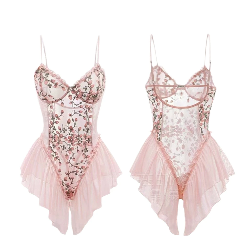 性感纯欲风花蔓刺绣吊带镂空少女感睡裙女