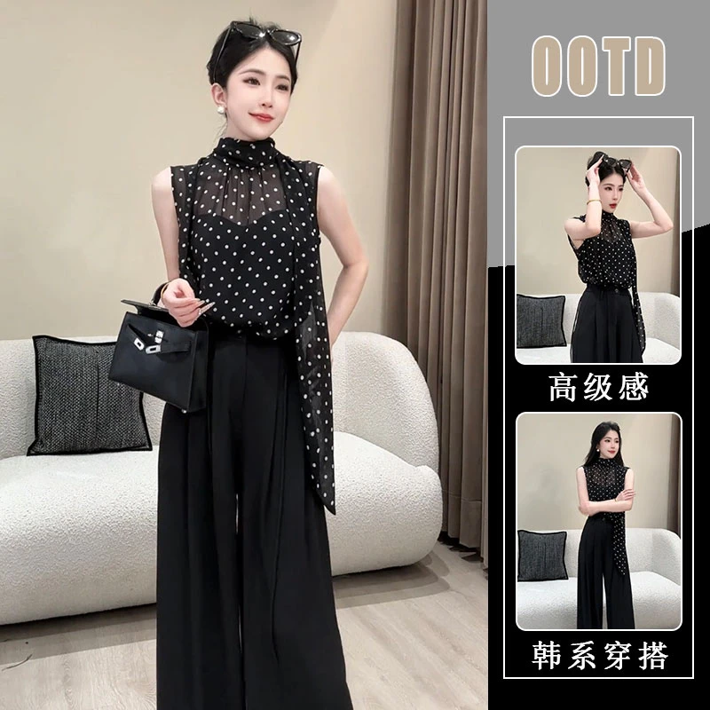 小众设计感气质波点飘带无袖短上衣裤子套装夏季百搭显瘦两件套女