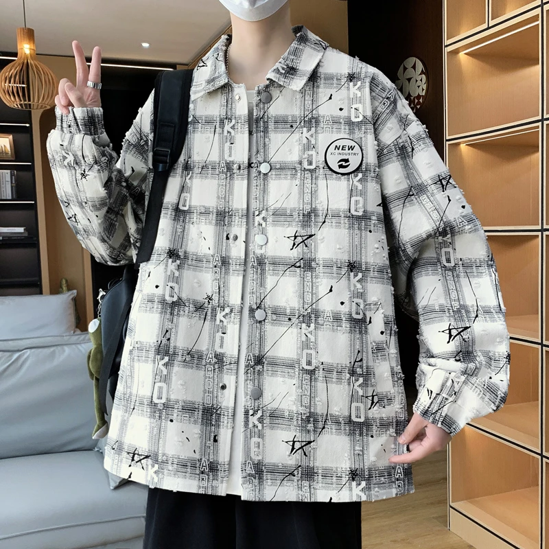 春季新款牛仔衬衫外套港风长袖翻领夹克韩版潮流帅气复古男装格子