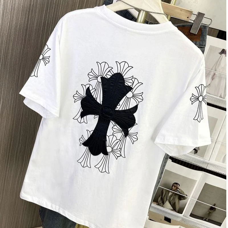 美式高街男女十字架刺绣短袖纯棉宽松情侣潮牌百搭特大300斤上衣