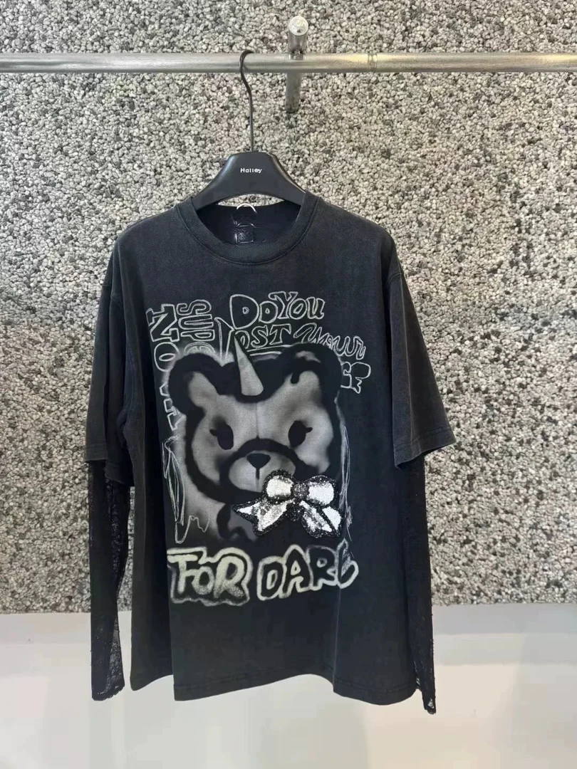 亲妈~尾货~设计师~2025春季新款涂鸦独角小熊假两件做旧长袖T恤