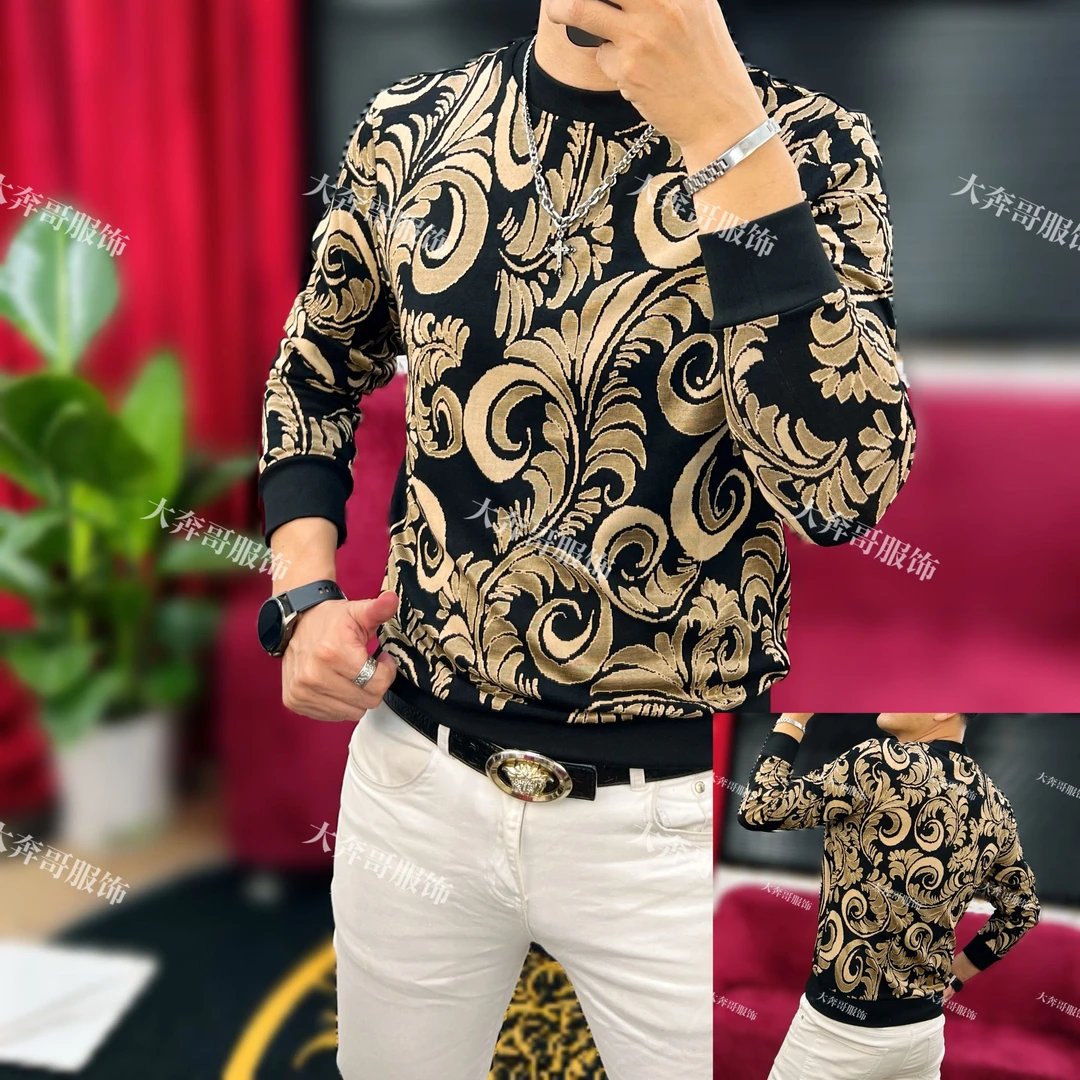 大奔哥-秋季新款男士长袖T恤时尚高弹休闲提花轻奢高品质潮流男装