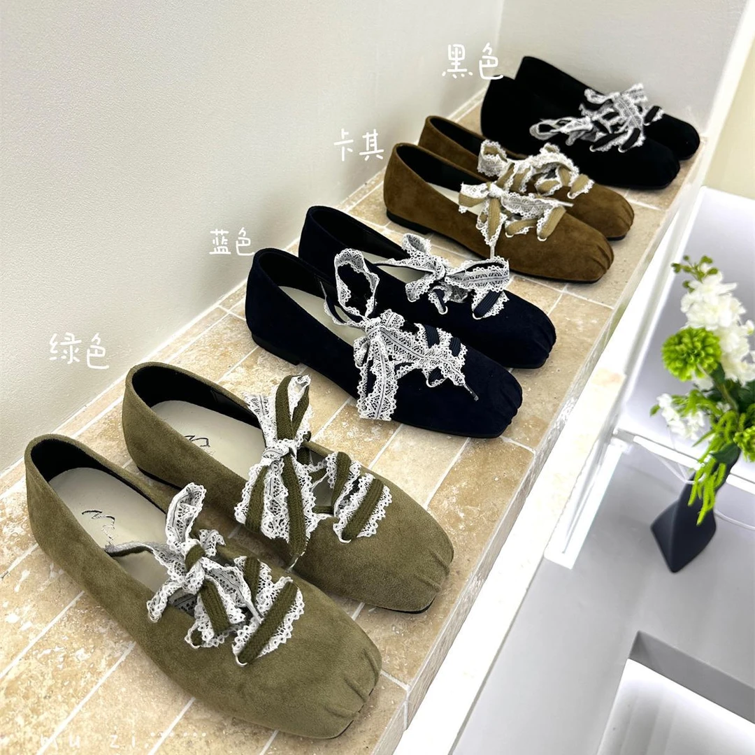 小众设计复古方头蕾丝花边单鞋系带甜美芭蕾舞鞋平底舒适玛丽珍鞋