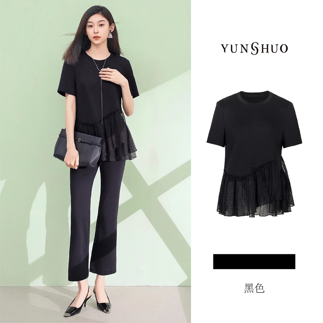 允硕新品百搭气质圆领黑色T恤拼接蕾丝宽松女短袖显瘦上衣345209