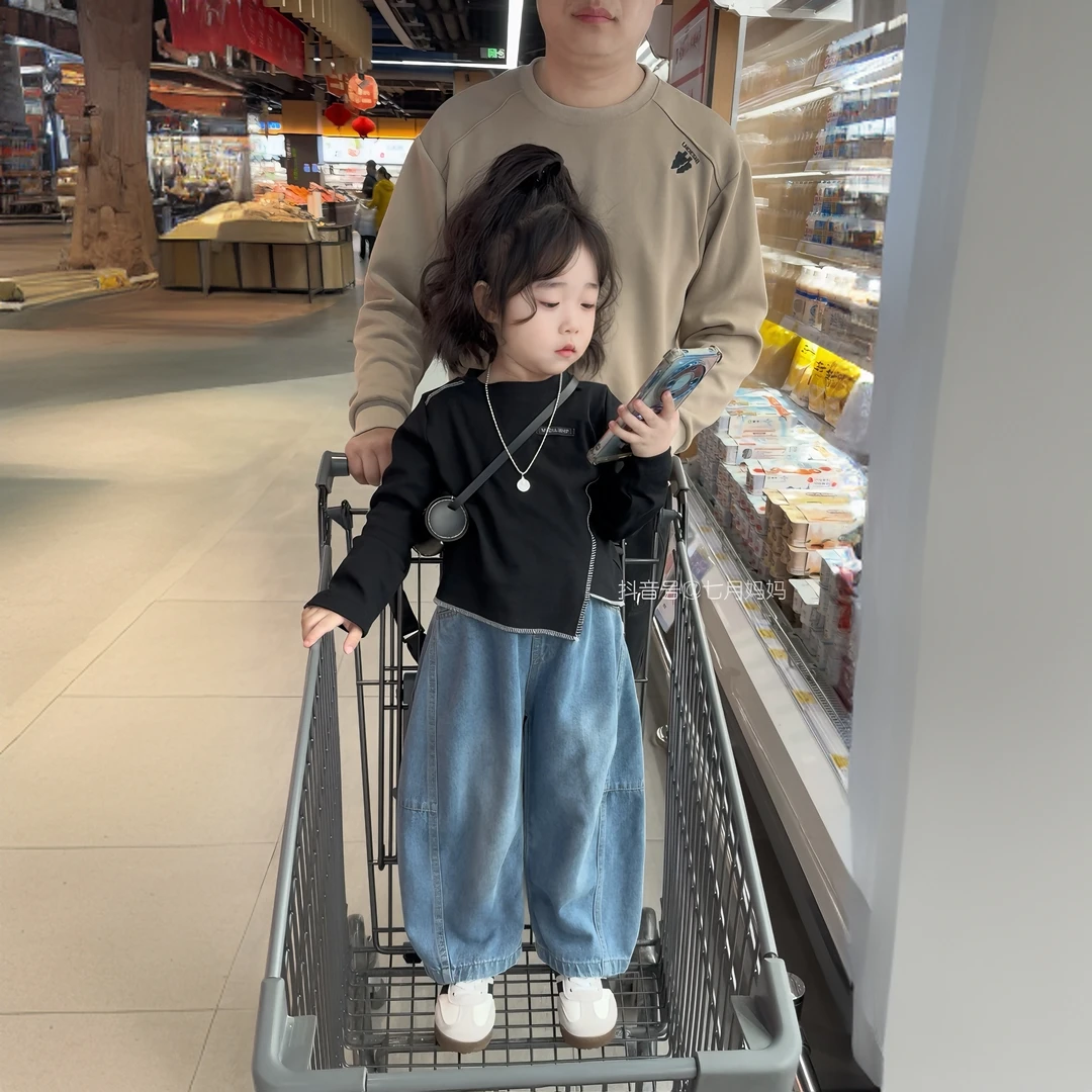 女童打底衫2025春秋新款中小童韩版长袖上衣儿童洋气牛仔裤潮