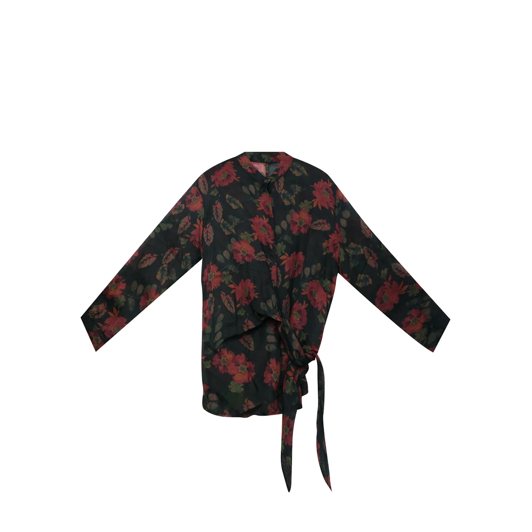 【麻訪家】MF1140紫红花文艺复古设计感绑带百搭长袖开衫上衣