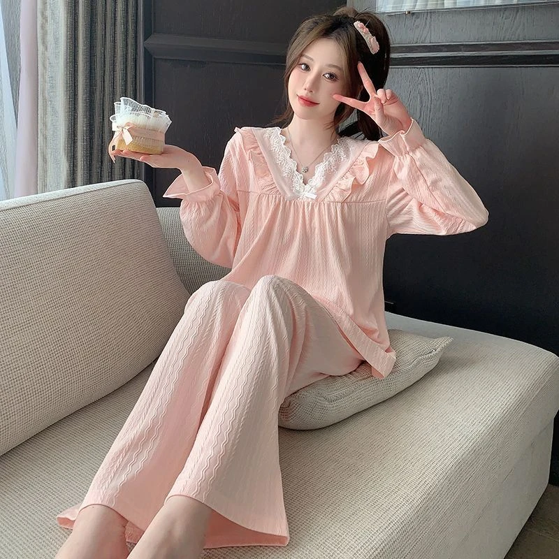春秋季女士长袖薄款甜美宽松蕾丝花边长款可外穿睡衣家居服套装