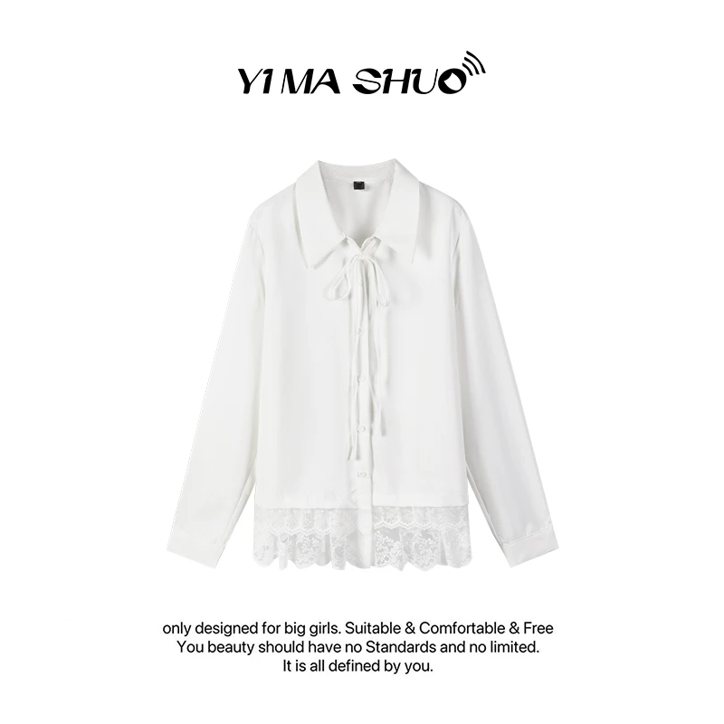 【伊妈说大码女装】新款大码女蕾丝拼接蝴蝶结翻领百搭长袖衬衣