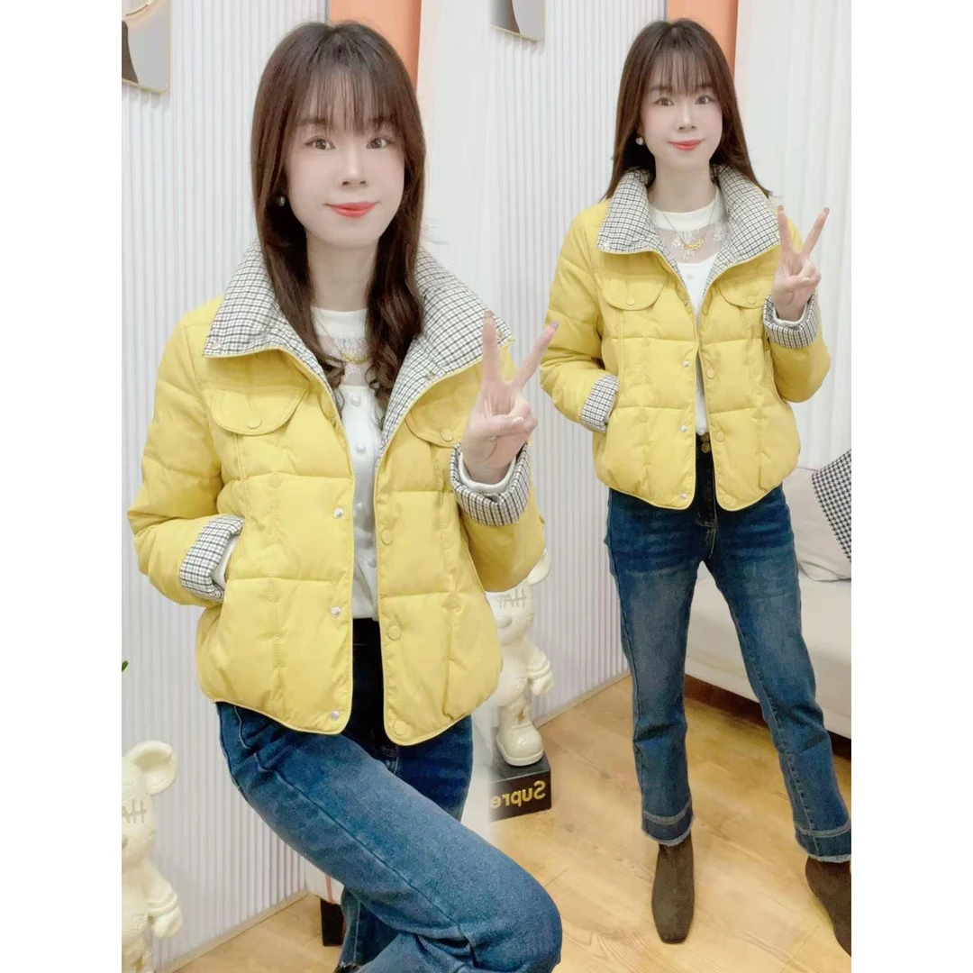 设计感格纹拼接棉服女2025冬季新款小个子短款轻薄保暖棉衣外套潮