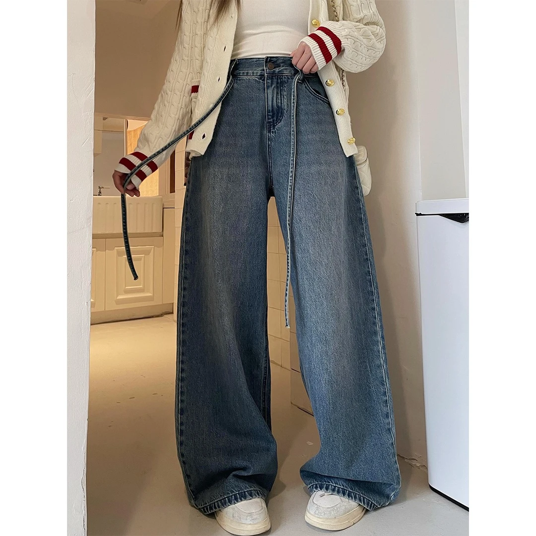 晶咕白标~长岛月刊~细腰带复古水宽松直筒牛仔裤显瘦高腰