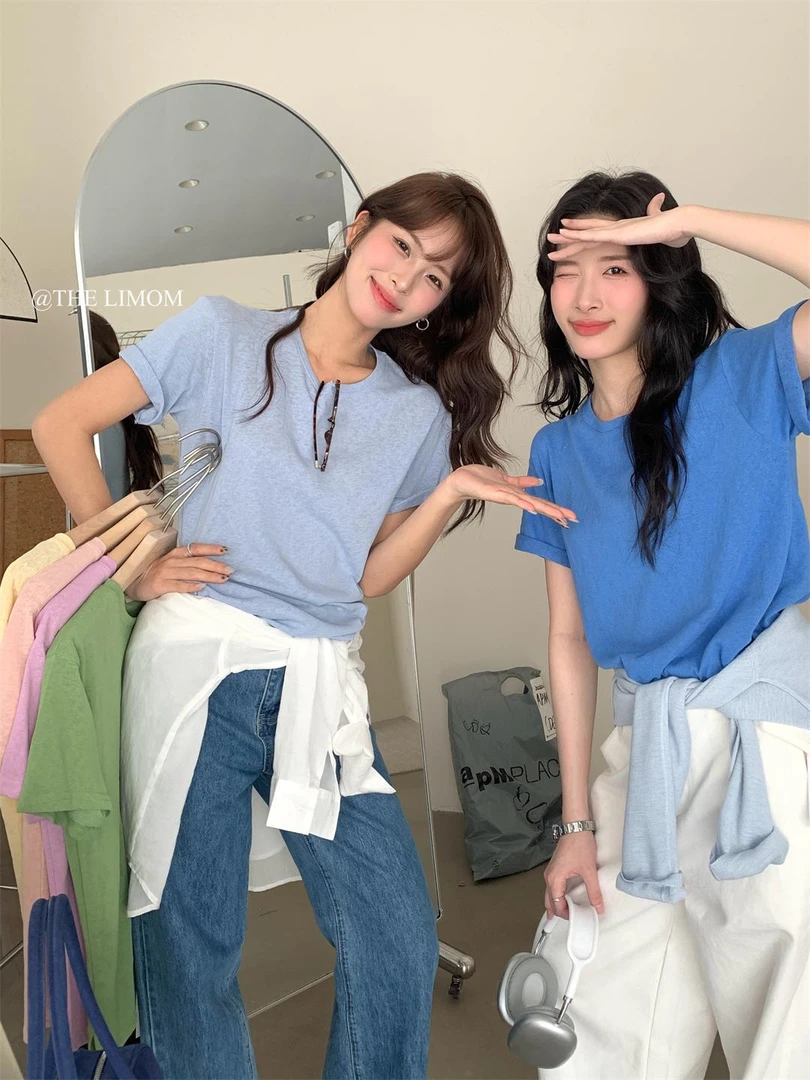 蓝色雪花棉短袖T恤女夏季薄款韩系chic上衣多巴胺亮色正肩体恤衫